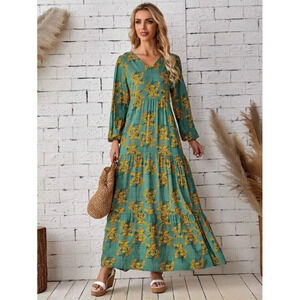 Zanzea Green Floral Tiered Maxi  Dress Long Modest